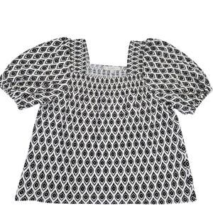 Women’s Geometric Pint Puff Sleeve Blouse Sz M Crinkle Minimalist Chic Workwear